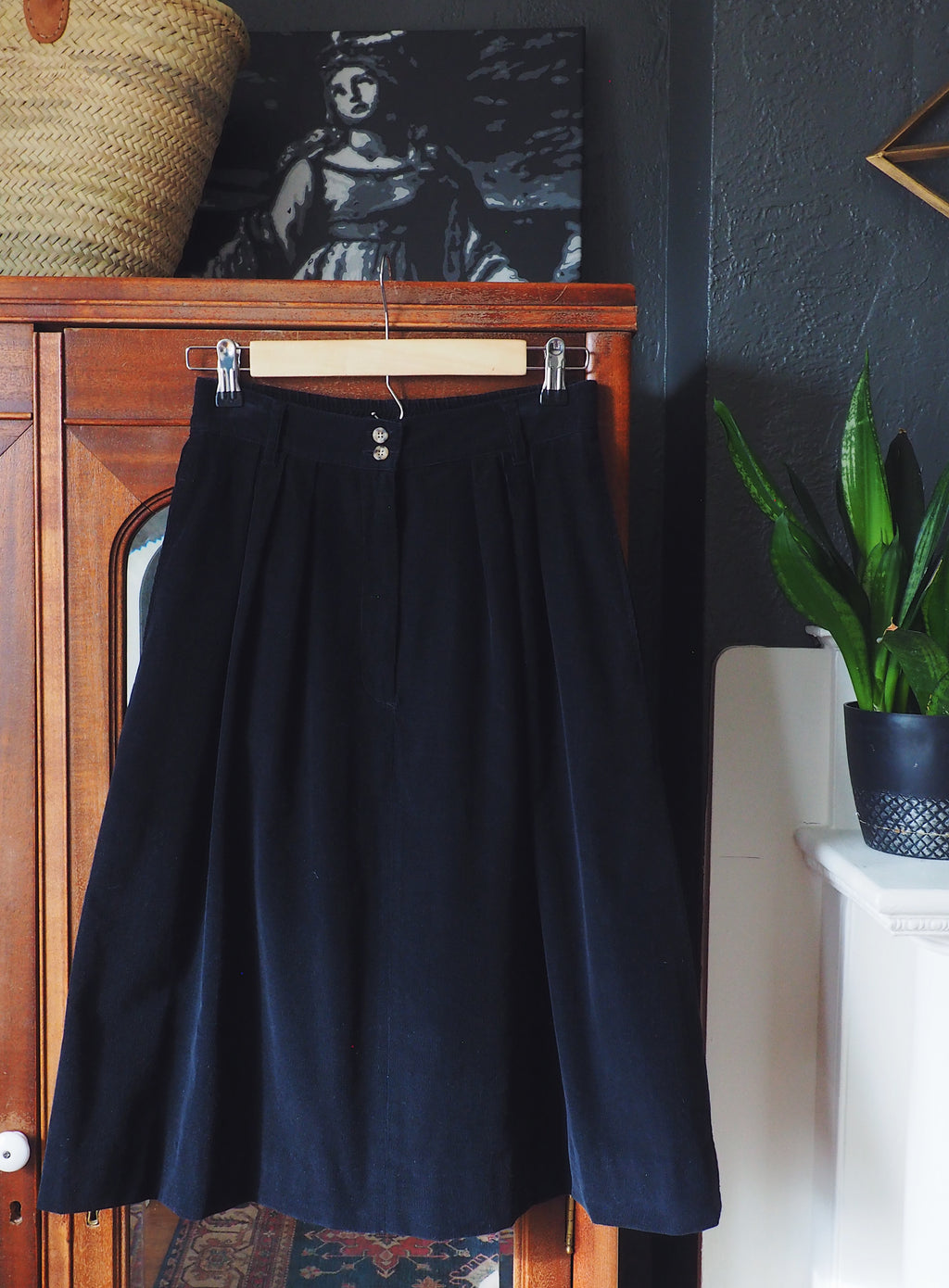 Vintage A-Line Black Corduroy Midi Skirt