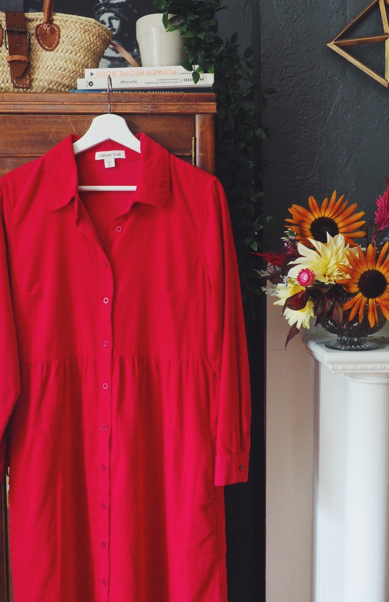 Red Corduroy Button-Front Shirt-Dress