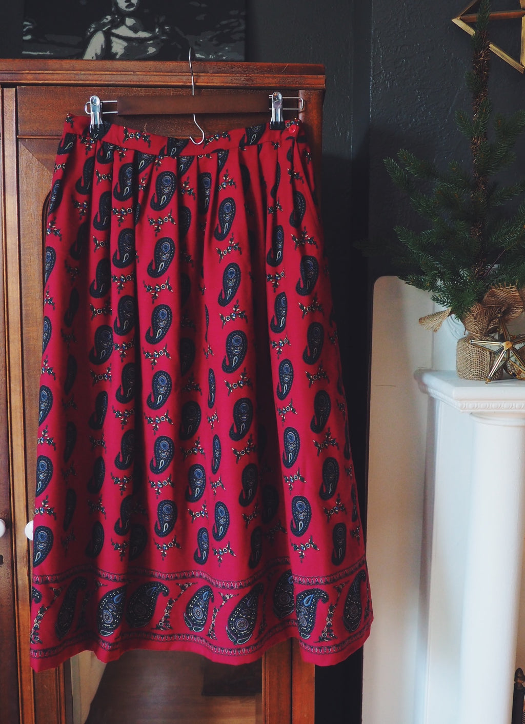 Vintage Wool Paisley Burgundy Print Midi