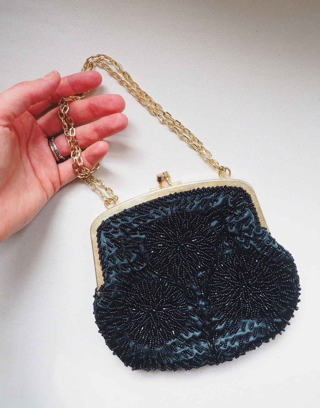 Vintage Black Beaded Evening Purse with Gold Chain