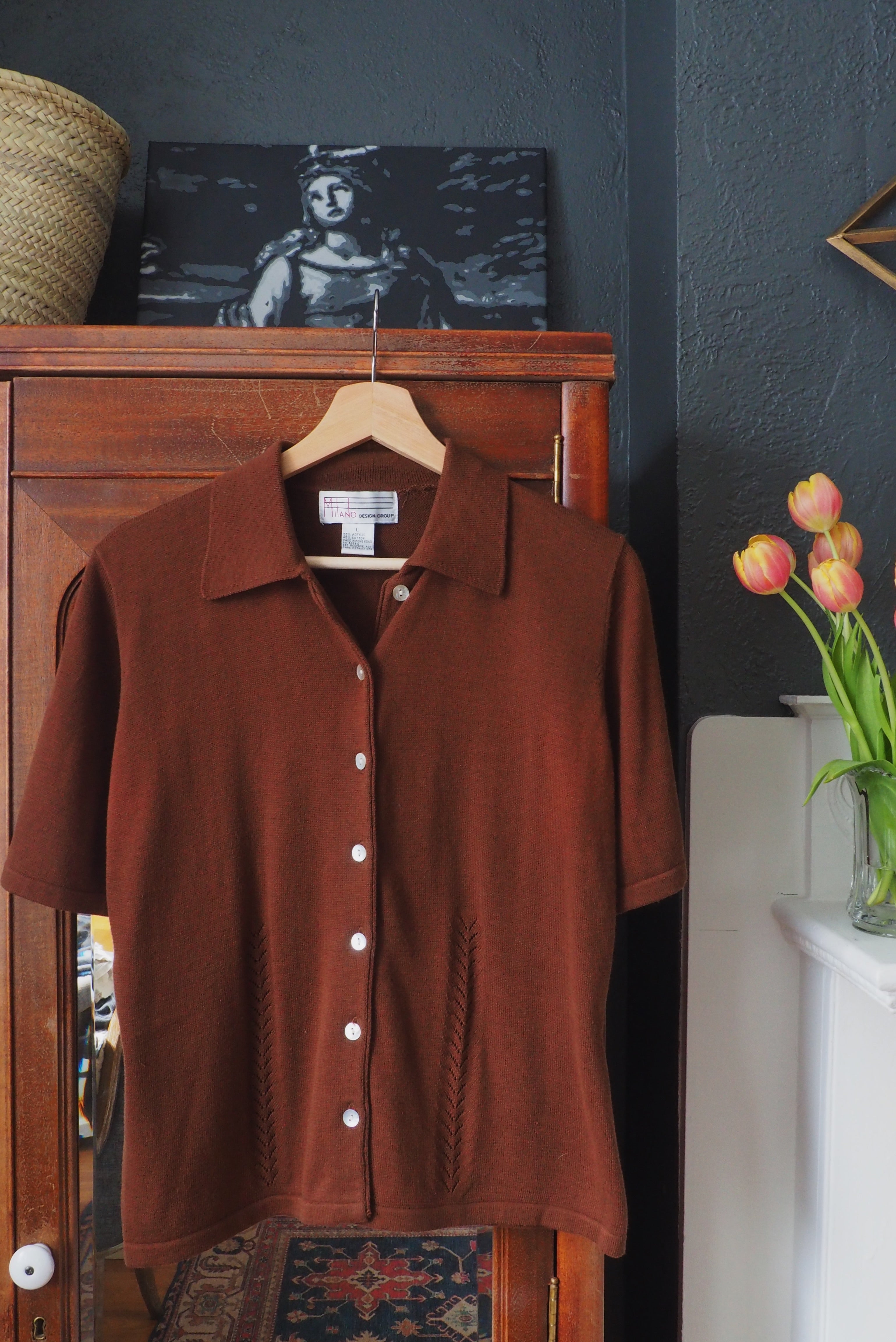 Vintage Collared Button-Down Short-Sleeve Sweater