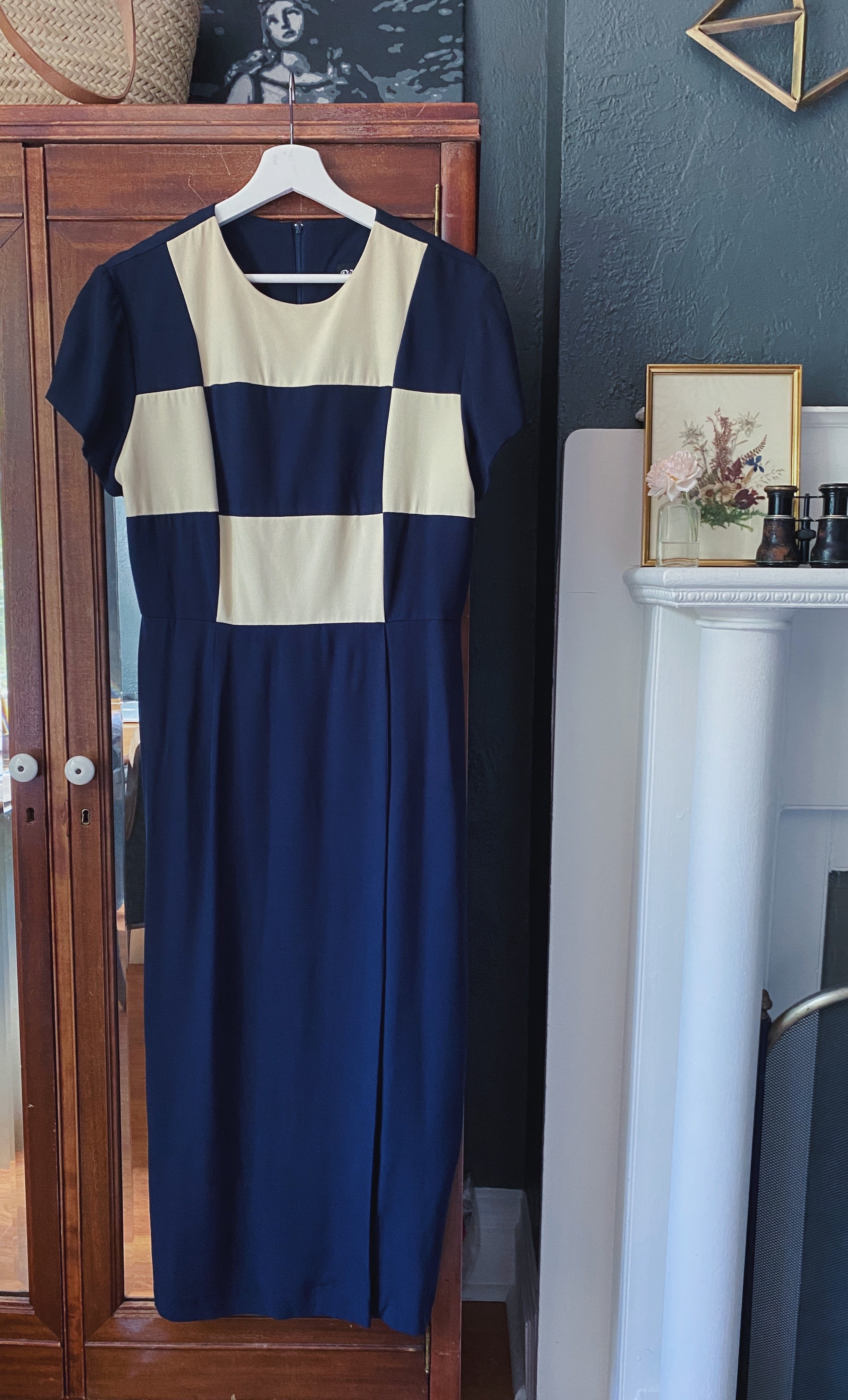 Vintage Navy and Cream Checked Pencil Dress