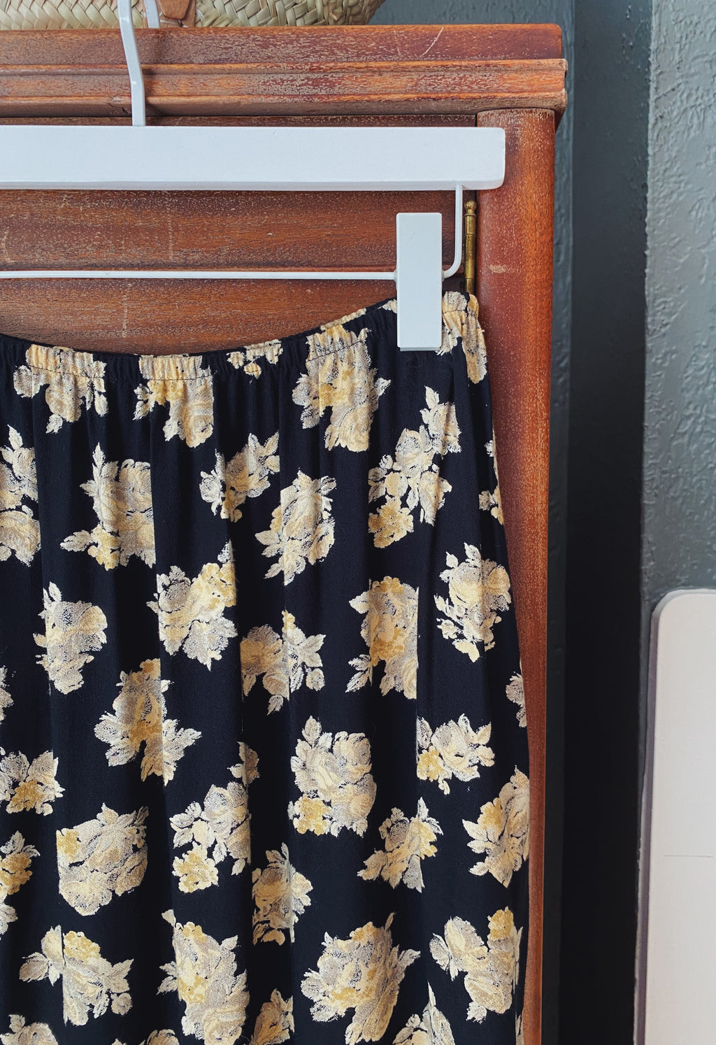 90s Black and Gold Floral Column Midi Skirt