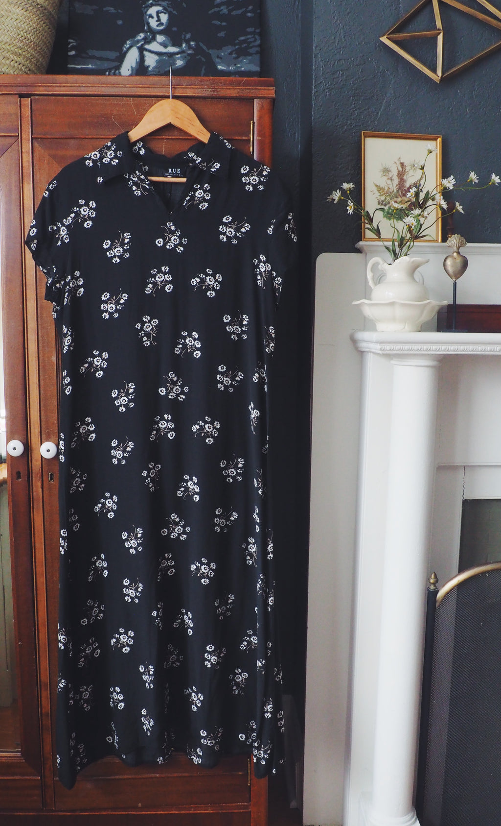 Vintage Made in the USA Black Floral Collared Midi Dress