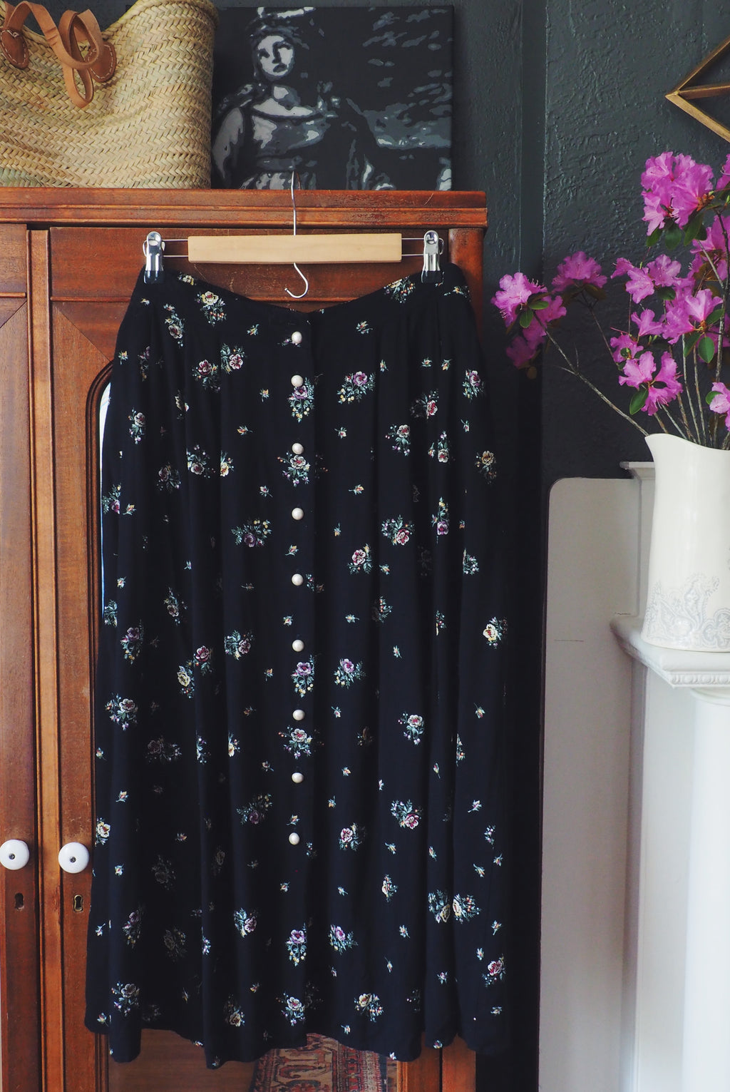 Vintage Black Floral Button Front Skirt