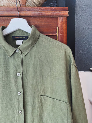 100% Linen Olive Green Button-Down Blouse