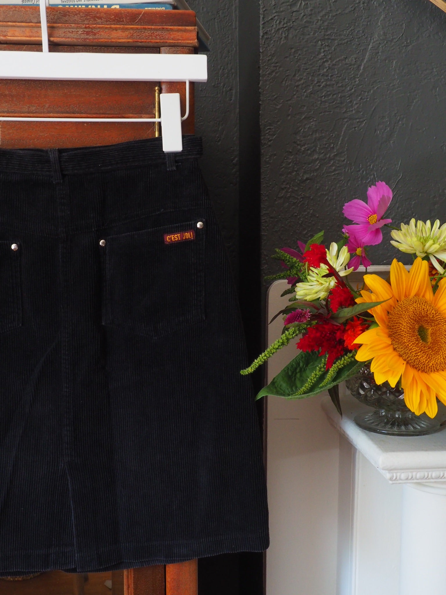 Vintage Black Corduroy Belted Skirt