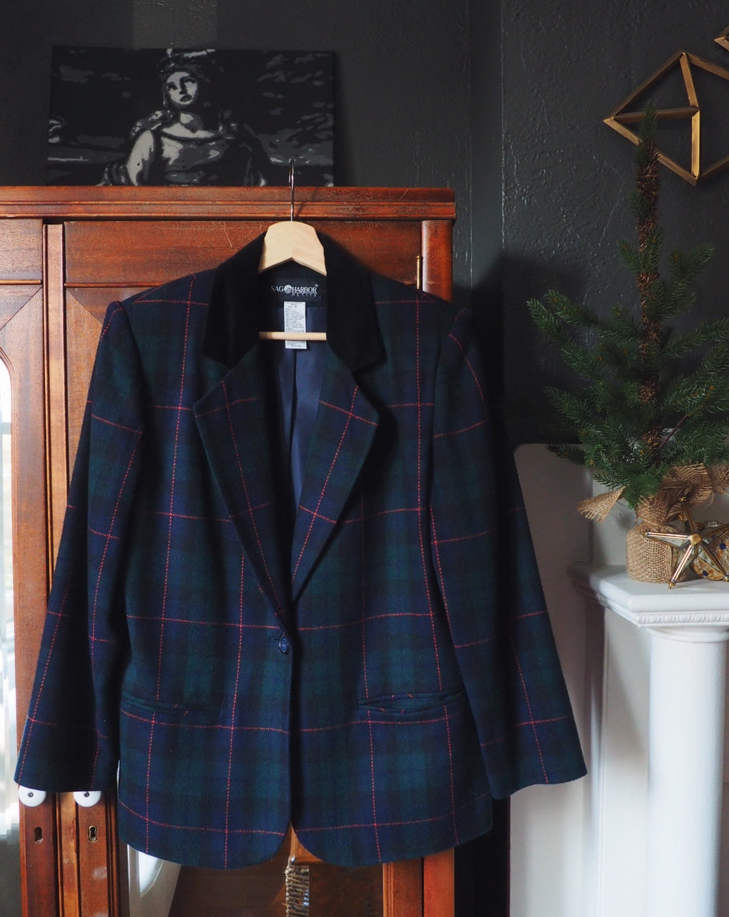 Vintage Plaid Blazer with Velvet Collar