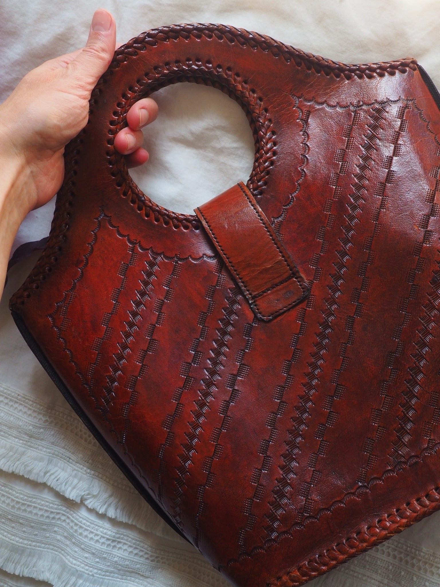 Vintage Rust Brown Braided Leather Handbag