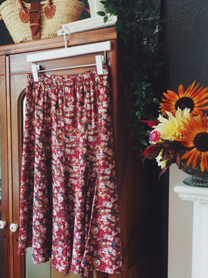 Vintage Burgundy Floral A-Line Skirt