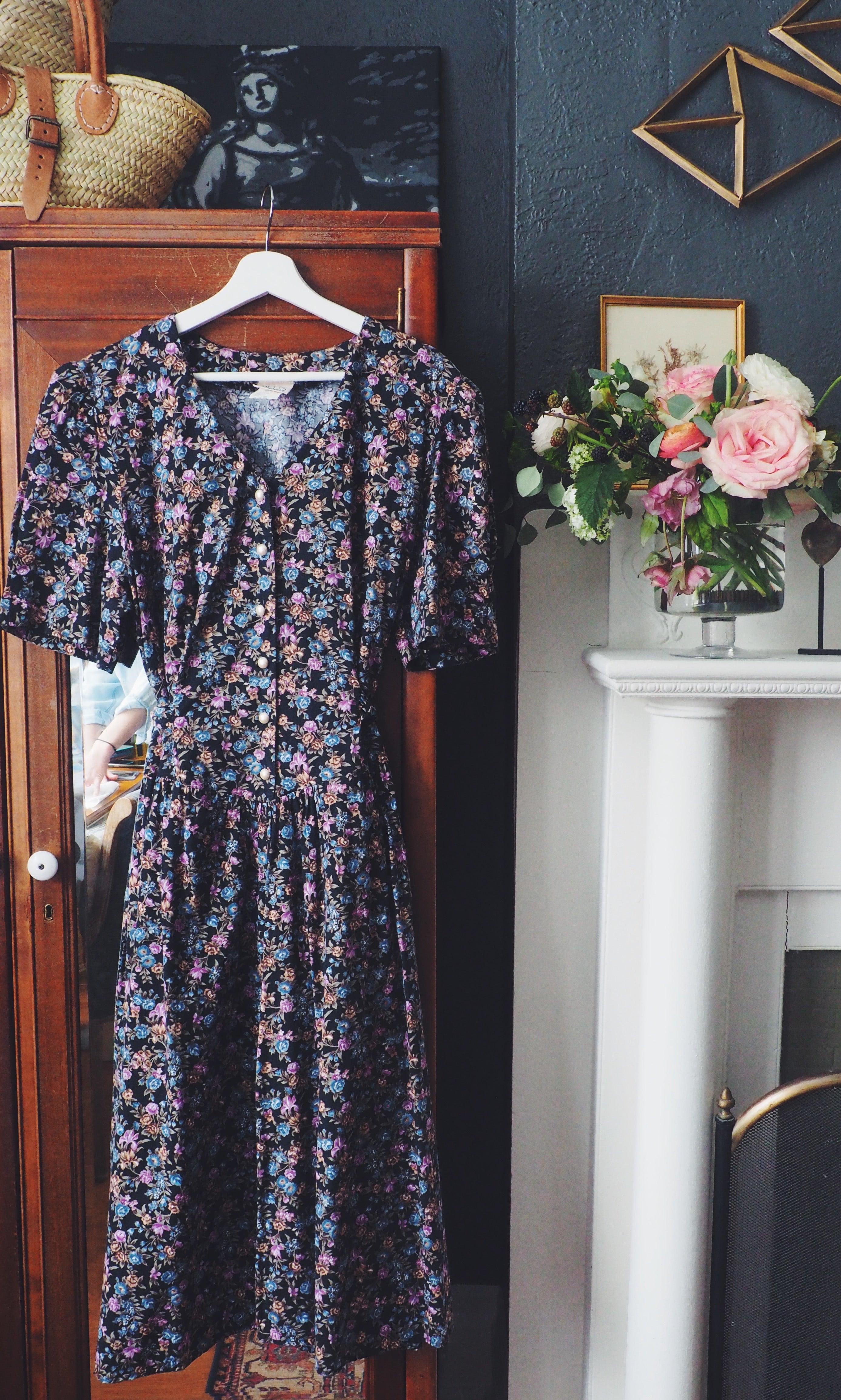 80s Vintage Floral Button-Down Midi Dress