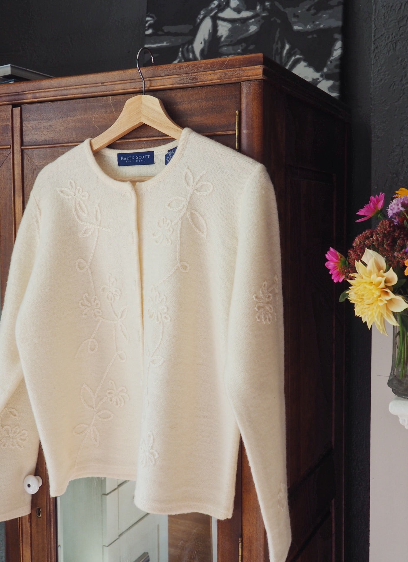Vintage Floral-Stitched Wool Cardigan