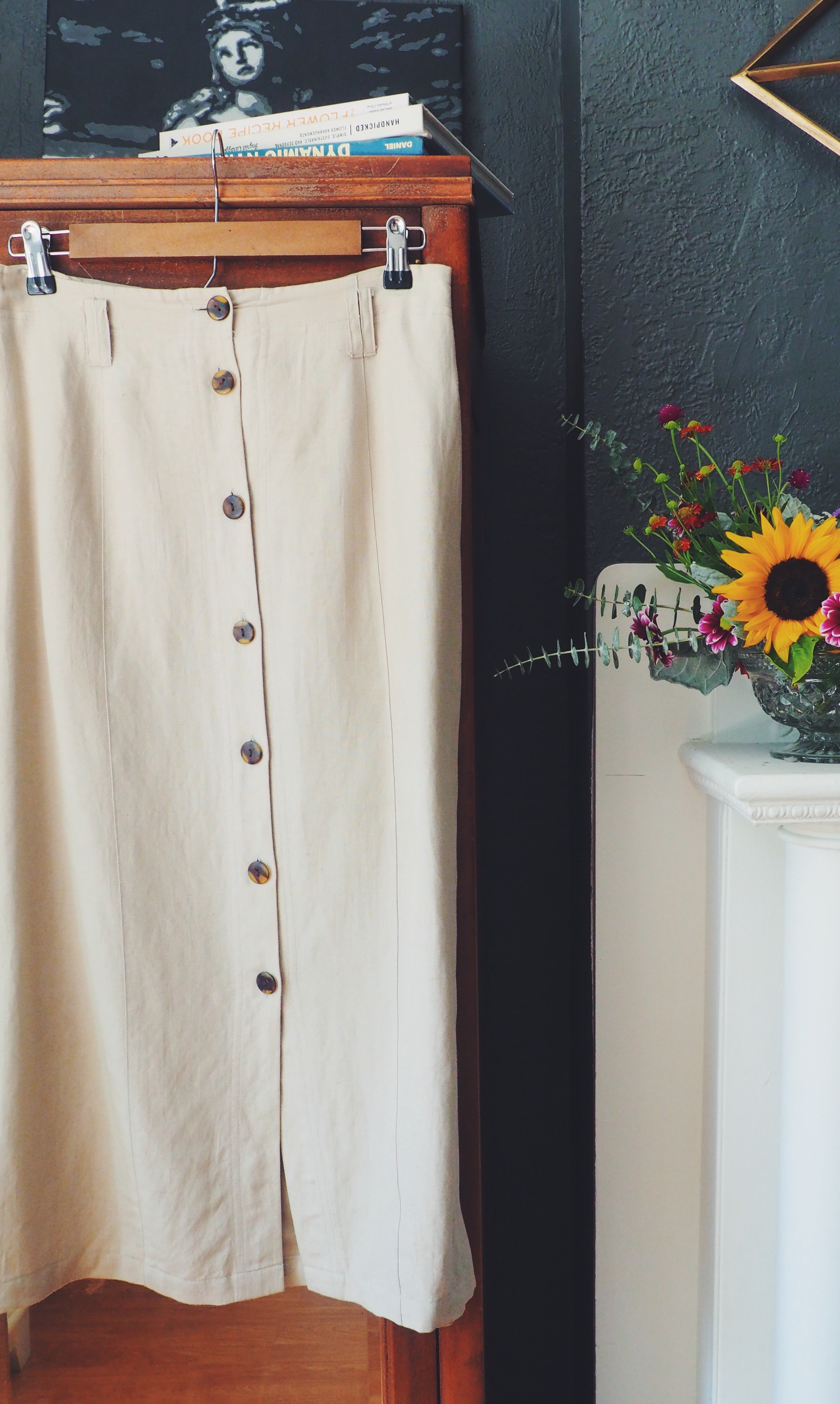 Linen Blend Button Front Midi Skirt