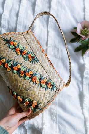 Vintage Floral Woven Basket Handbag