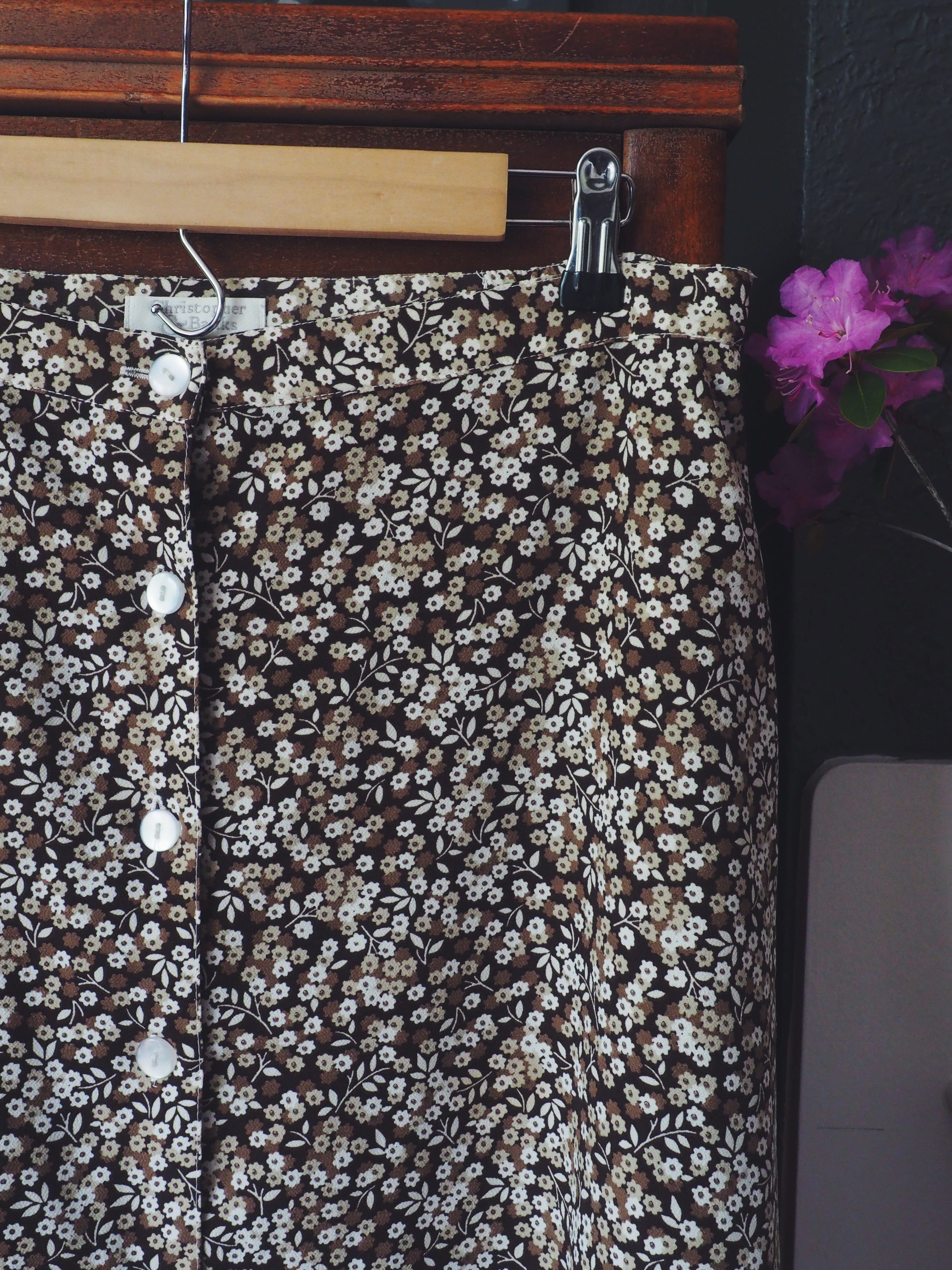 Vintage Brown Floral Button-Front Midi Skirt